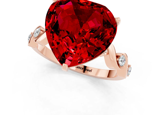 Rose gold Heart Cut Ruby Solitaire Twisted Band with Round  Accents and Prong Setting