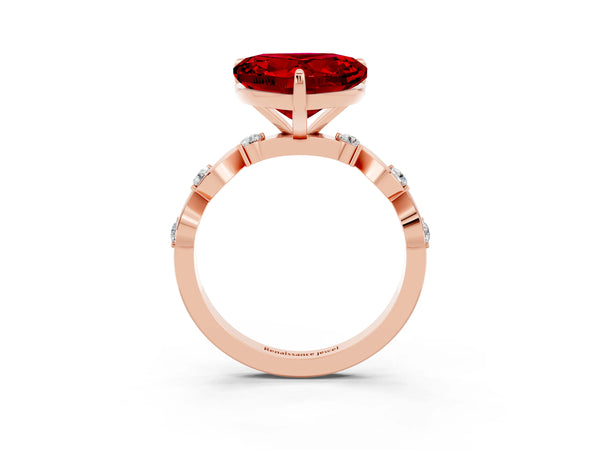 Rose gold Heart Cut Ruby Solitaire Twisted Band with Round  Accents and Prong Setting