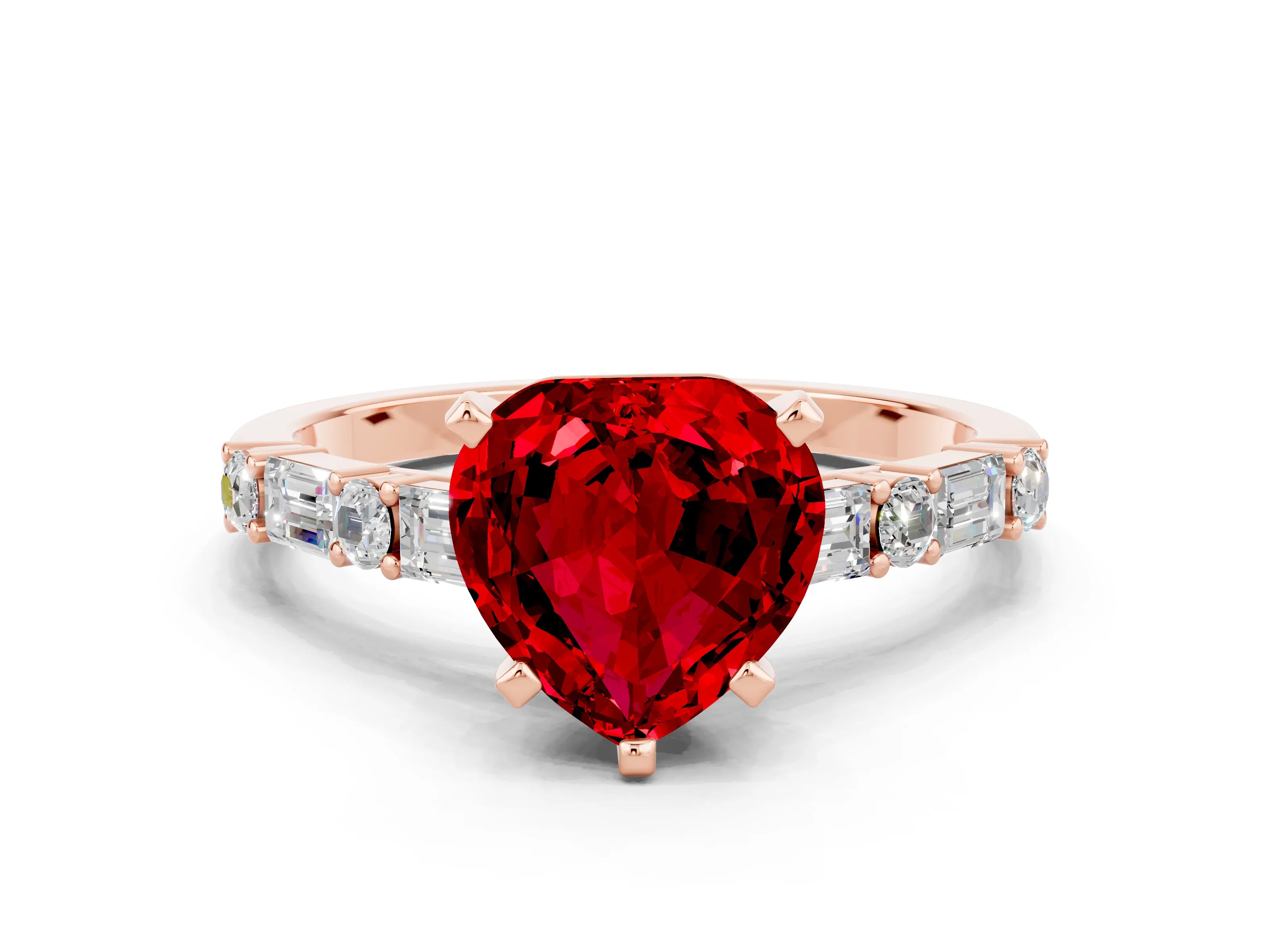 Rose gold Heart Cut Ruby Solitaire with Side Baguettes and Channel Set Band