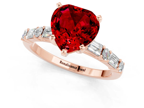 Rose gold Heart Cut Ruby Solitaire with Side Baguettes and Channel Set Band
