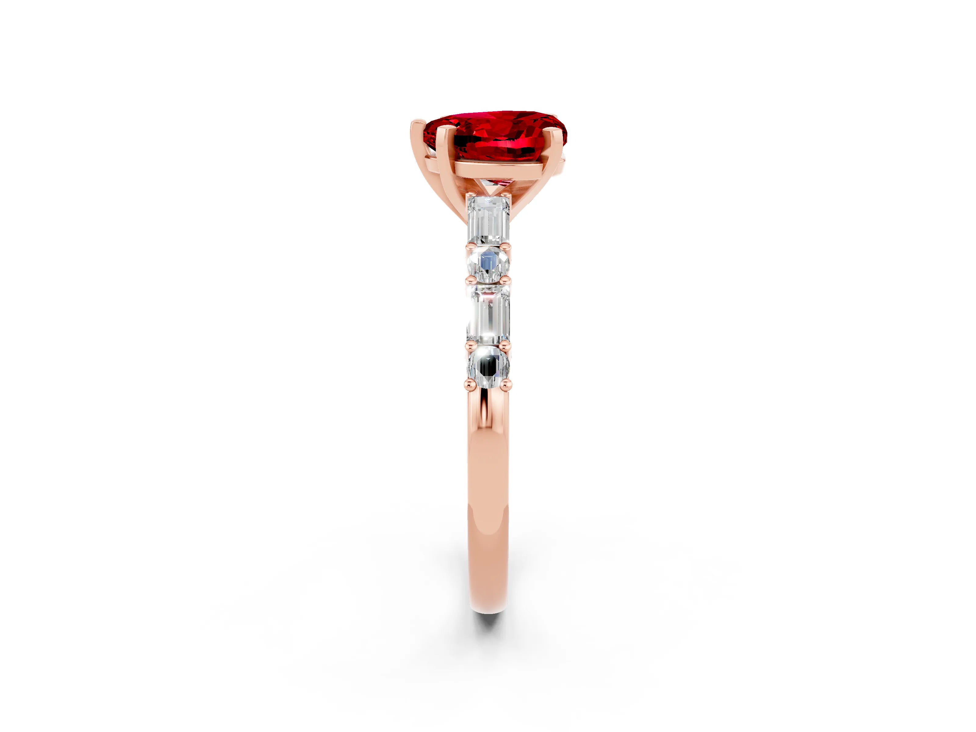 Rose gold Heart Cut Ruby Solitaire with Side Baguettes and Channel Set Band_2