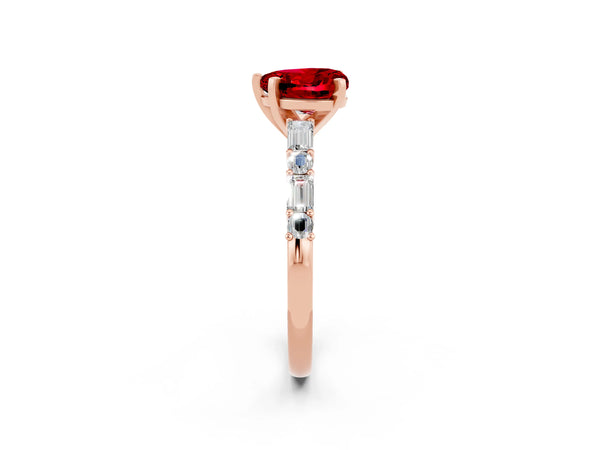 Rose gold Heart Cut Ruby Solitaire with Side Baguettes and Channel Set Band