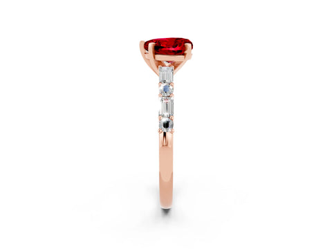 Rose gold Heart Cut Ruby Solitaire with Side Baguettes and Channel Set Band_2