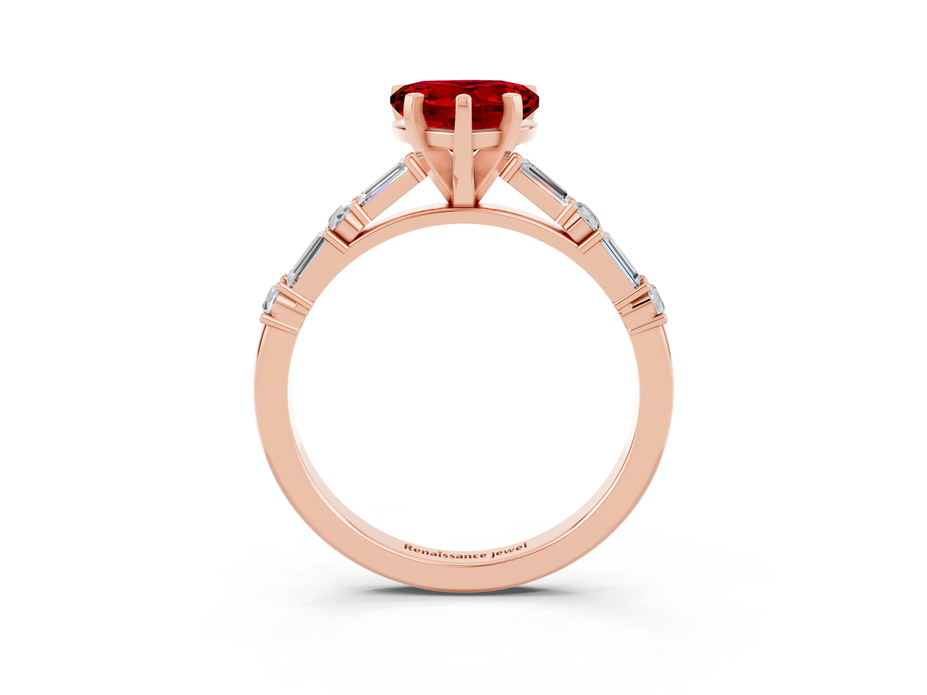 Rose gold Heart Cut Ruby Solitaire with Side Baguettes and Channel Set Band_3