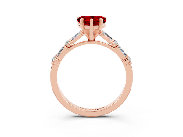 Rose gold Heart Cut Ruby Solitaire with Side Baguettes and Channel Set Band