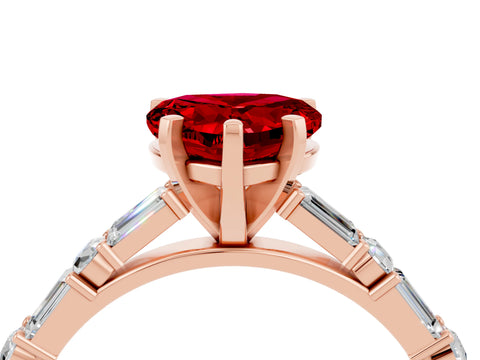 Rose gold Heart Cut Ruby Solitaire with Side Baguettes and Channel Set Band_4