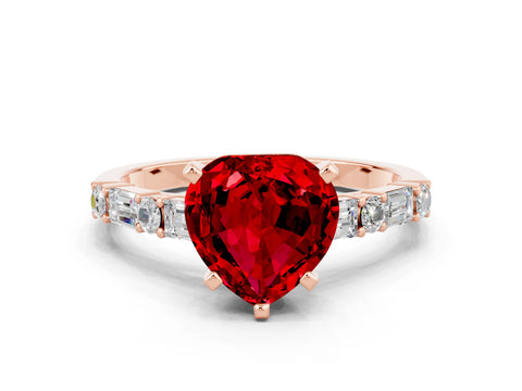 Rose gold Heart Cut Ruby Solitaire with Side Baguettes and Channel Set Band