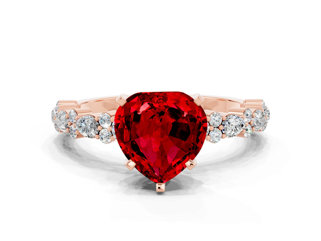 Rose gold Heart Cut Ruby Solitaire with Side Stones, Pave Band, Four-Prong Setting_36