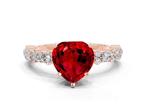 Rose gold Heart Cut Ruby Side Stone Solitaire Ring with Round  and Four-Prong Setting