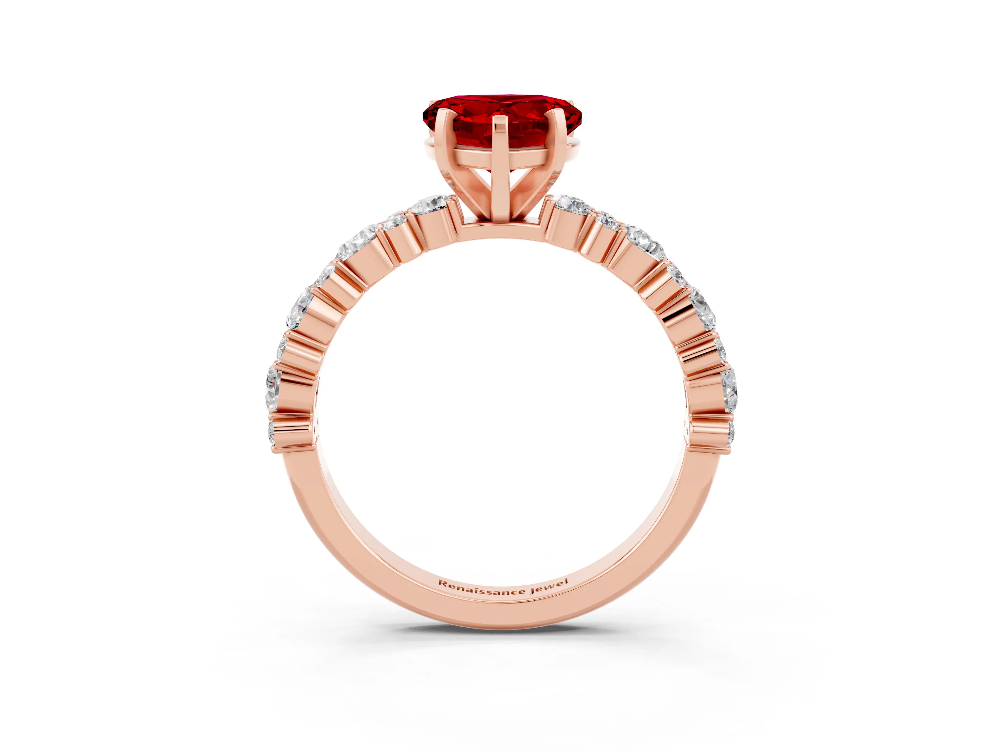 Rose gold Heart Cut Ruby Solitaire with Side Stones, Pave Band, Four-Prong Setting_39
