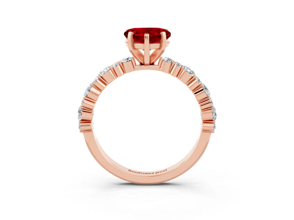 Rose gold Heart Cut Ruby Side Stone Solitaire Ring with Round  and Four-Prong Setting