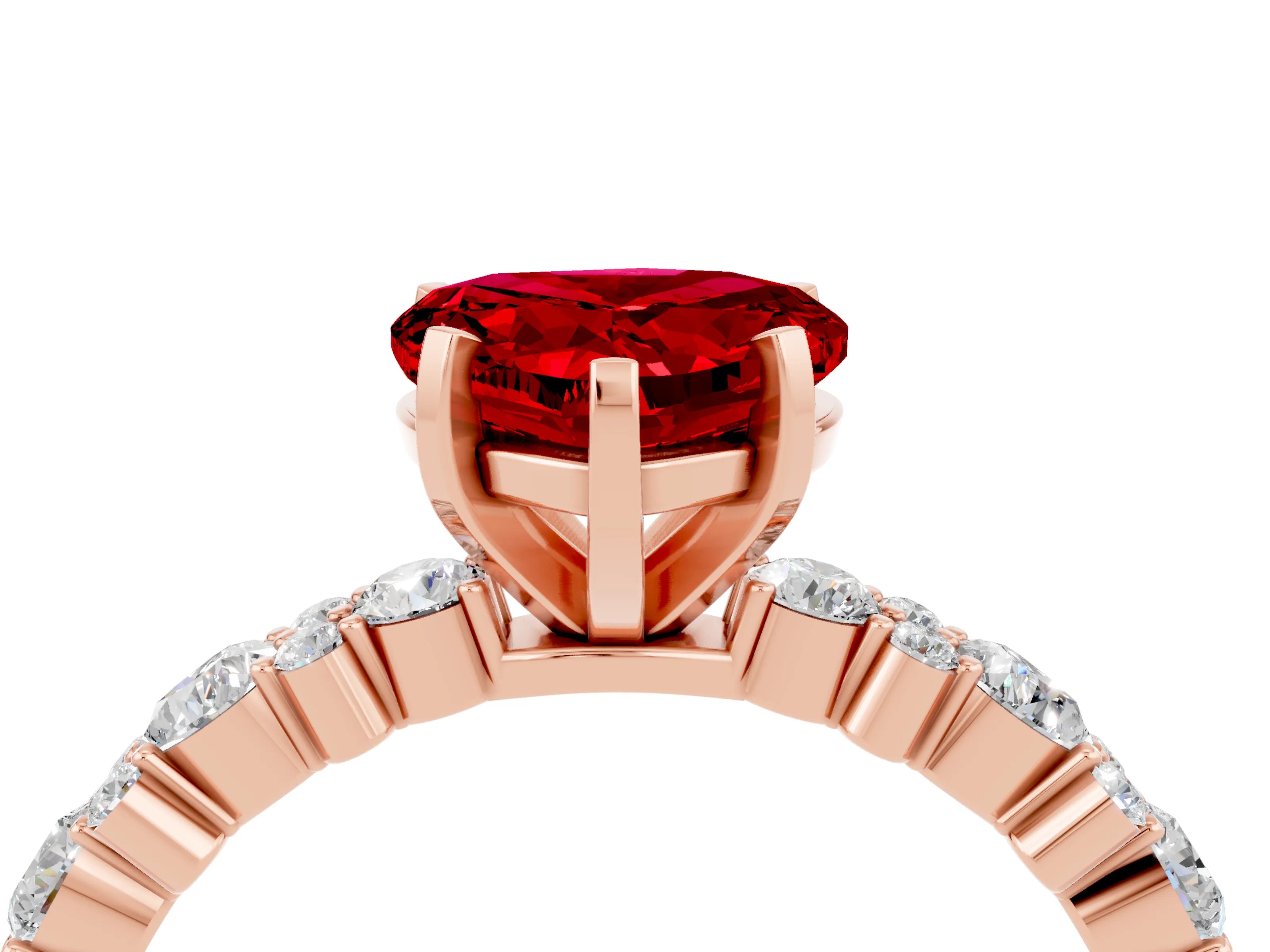 Rose gold Heart Cut Ruby Solitaire with Side Stones, Pave Band, Four-Prong Setting_40