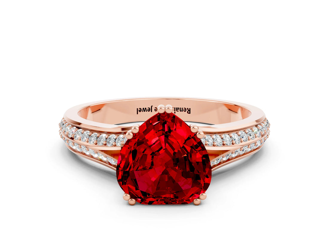 Rose gold Heart Cut Ruby Split Shank Engagement Ring with Pavé Band