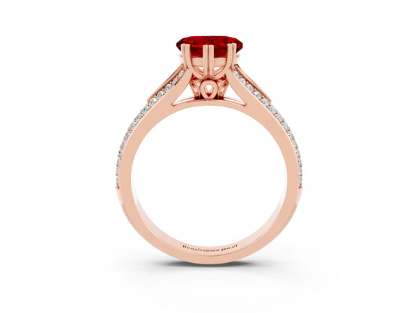 Rose gold Heart Cut Ruby Split Shank Engagement Ring with Pavé Band
