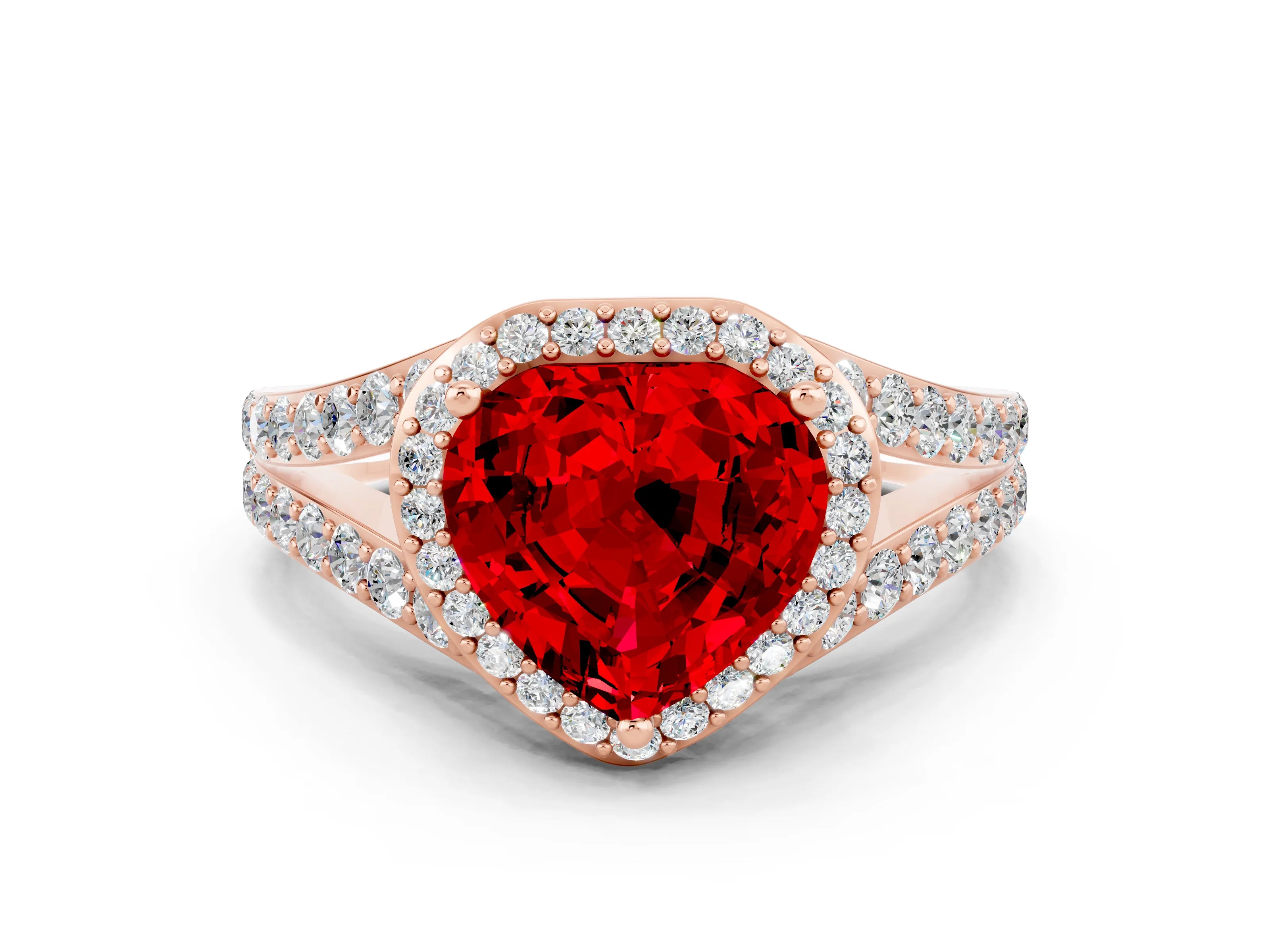 Rose gold Heart Cut Ruby Split Shank Halo Ring with Four-Prong Setting_12