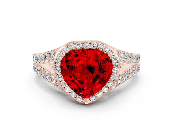 Rose gold Heart Cut Ruby Split Shank Halo Ring with Four-Prong Setting