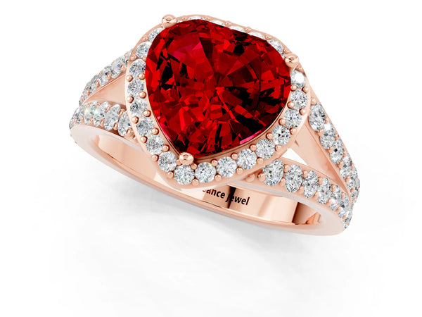 Rose gold Heart Cut Ruby Split Shank Halo Ring with Four-Prong Setting