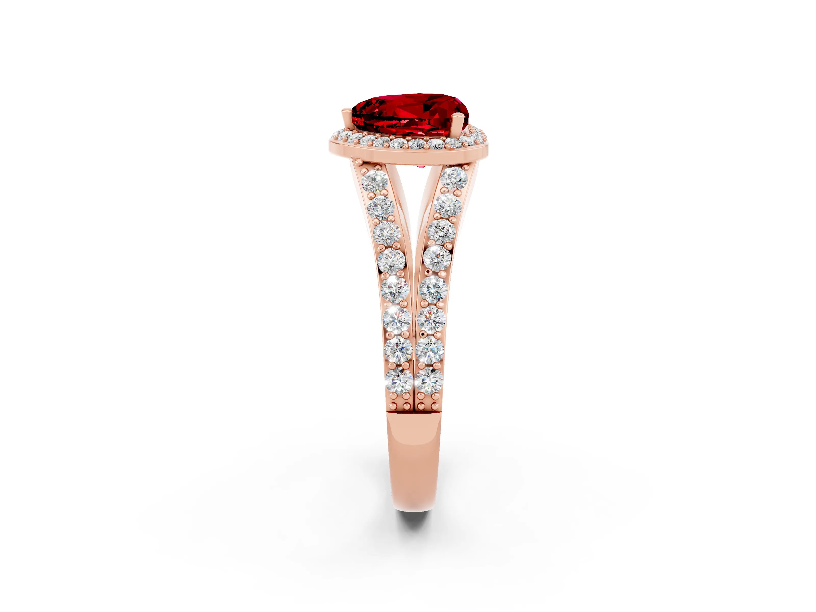 Rose gold Heart Cut Ruby Split Shank Halo Ring with Four-Prong Setting_14