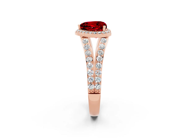 Rose gold Heart Cut Ruby Split Shank Halo Ring with Four-Prong Setting