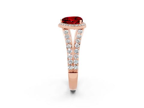 Rose gold Heart Cut Ruby Split Shank Halo Ring with Four-Prong Setting_14