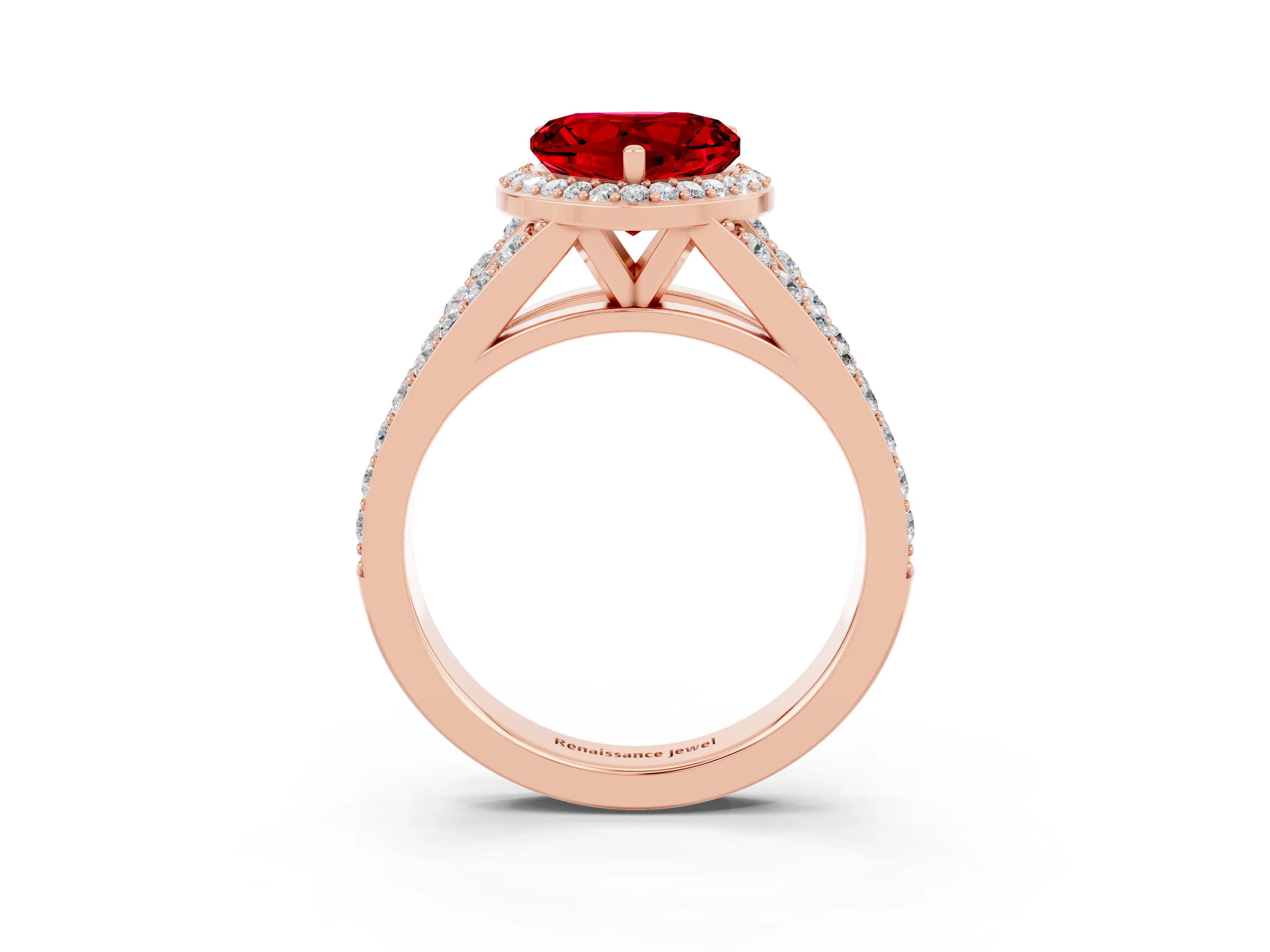 Rose gold Heart Cut Ruby Split Shank Halo Ring with Four-Prong Setting_15