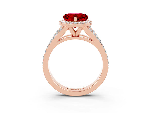 Rose gold Heart Cut Ruby Split Shank Halo Ring with Four-Prong Setting