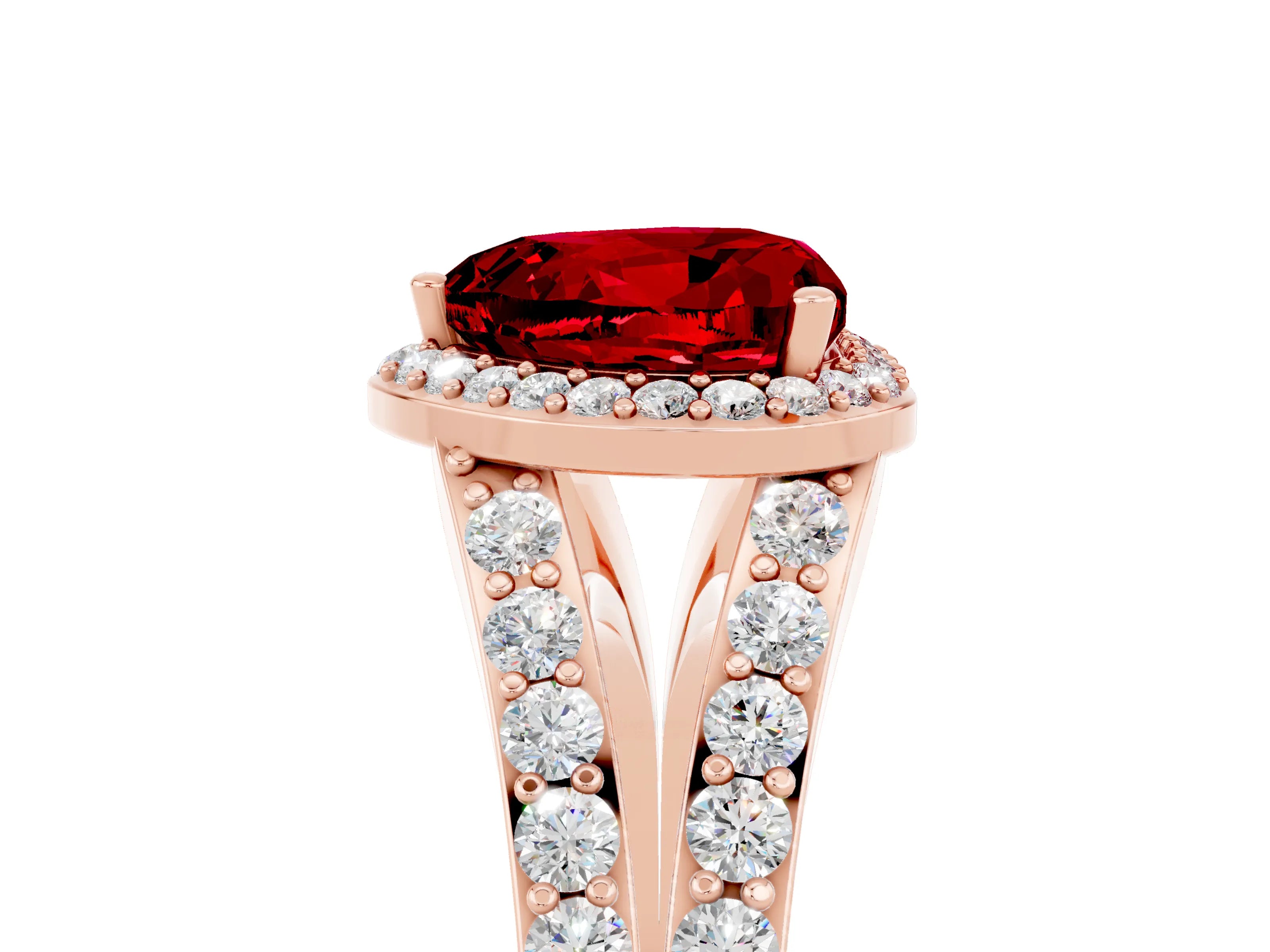 Rose gold Heart Cut Ruby Split Shank Halo Ring with Four-Prong Setting_17