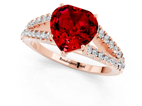 Rose gold Heart Cut Ruby Split Shank Pavé Engagement Ring with Four-Prong Setting