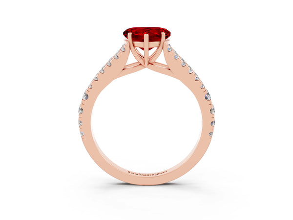 Rose gold Heart Cut Ruby Split Shank Pavé Engagement Ring with Four-Prong Setting