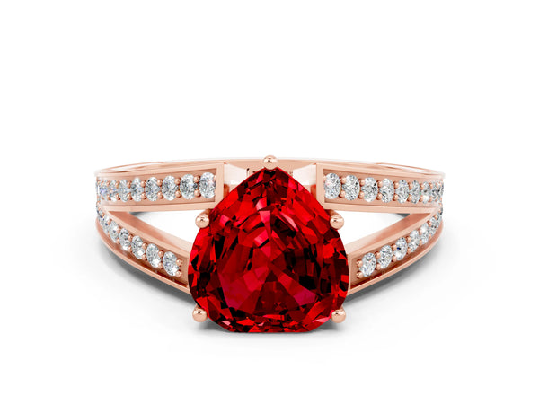 Rose gold Heart Cut Ruby Split Shank Ring with Pavé Band and Four-Prong Setting