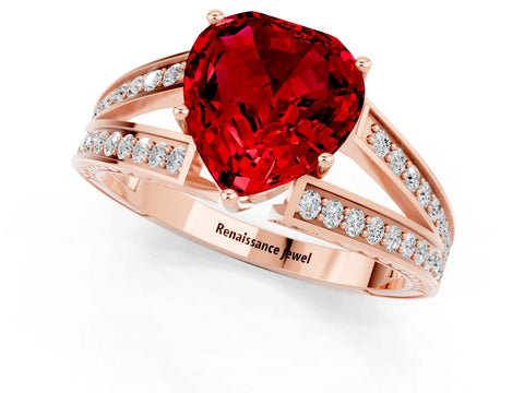 Rose gold Heart Cut Ruby Split Shank Ring with Pavé Band and Four-Prong Setting_1