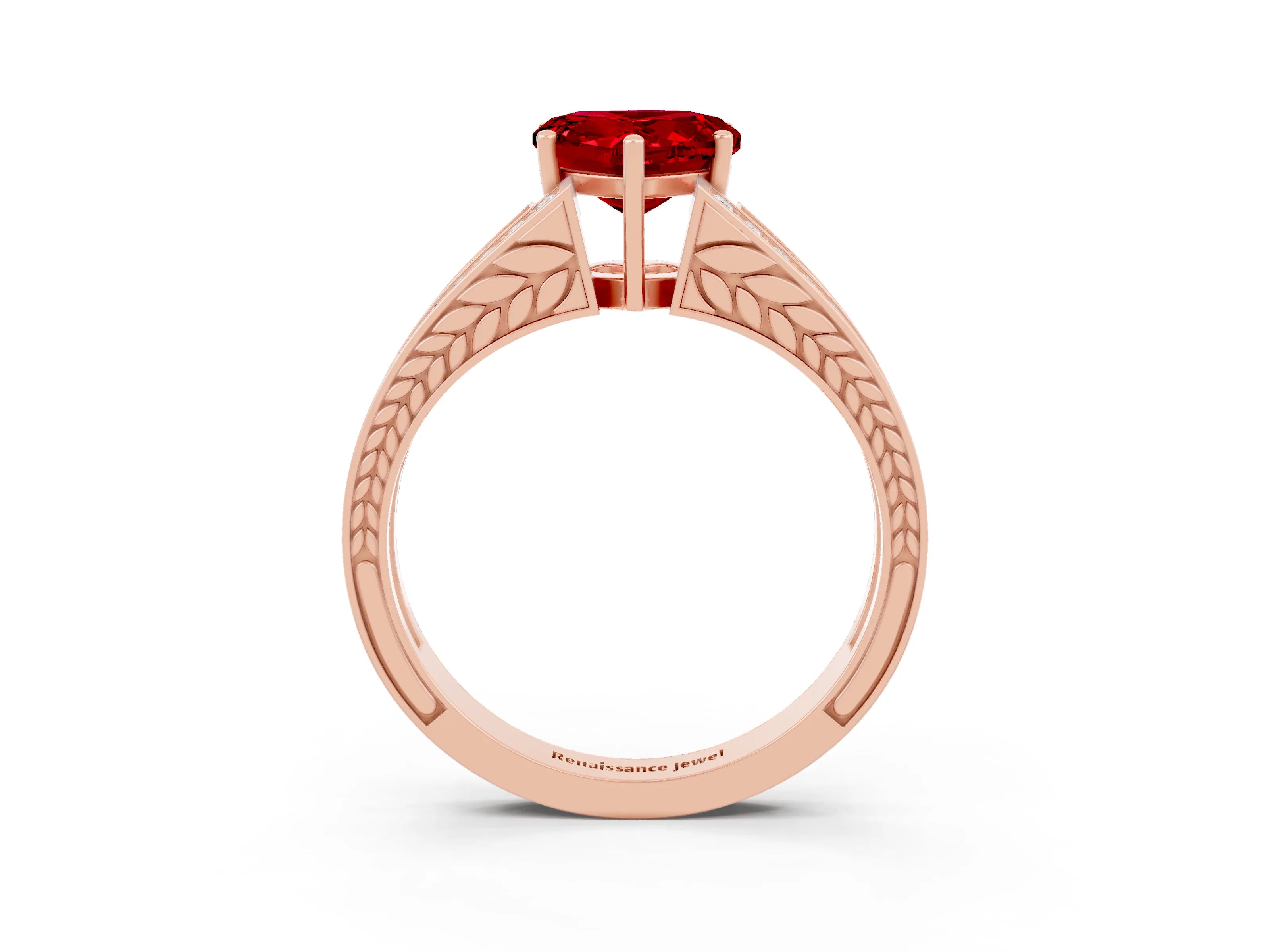 Rose gold Heart Cut Ruby Split Shank Ring with Pavé Band and Four-Prong Setting_3