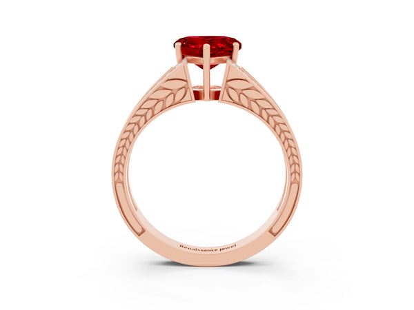 Rose gold Heart Cut Ruby Split Shank Ring with Pavé Band and Four-Prong Setting