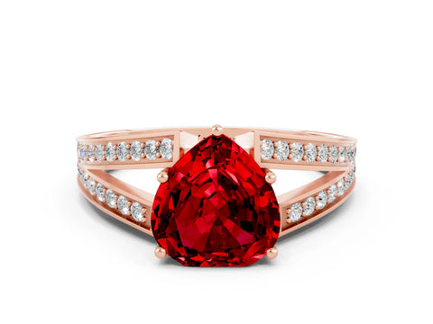 Rose gold Heart Cut Ruby Split Shank Ring with Pavé Band and Four-Prong Setting