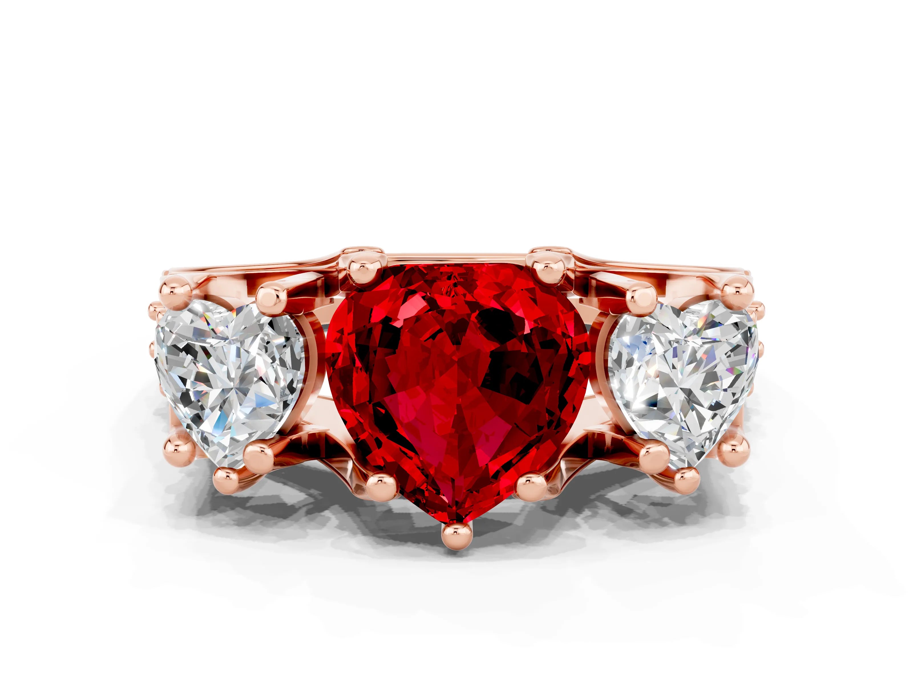 Rose gold Heart Cut Ruby Three-Stone Ring with Channel Set Band and Four-Prong Setting