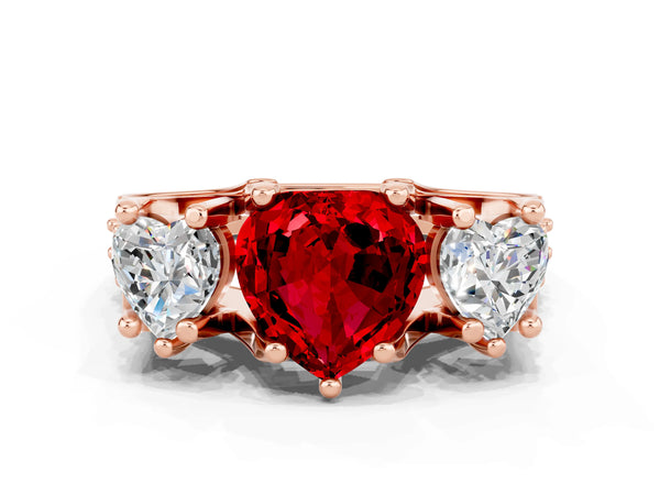 Rose gold Heart Cut Ruby Three-Stone Ring with Channel Set Band and Four-Prong Setting