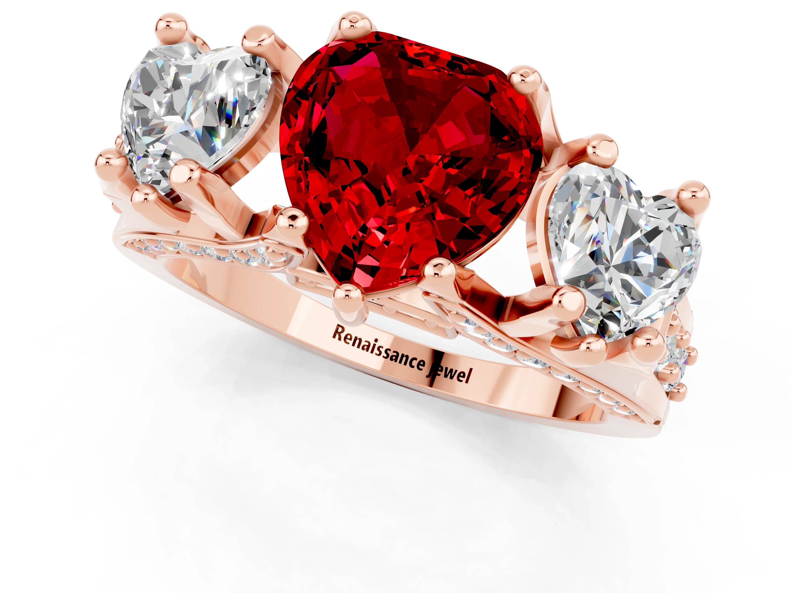 Rose gold Heart Cut Ruby Three-Stone Ring with Channel Set Band and Four-Prong Setting_1