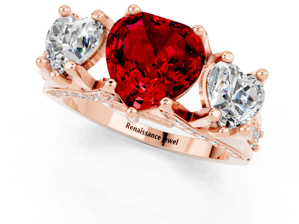 Rose gold Heart Cut Ruby Three-Stone Ring with Channel Set Band and Four-Prong Setting
