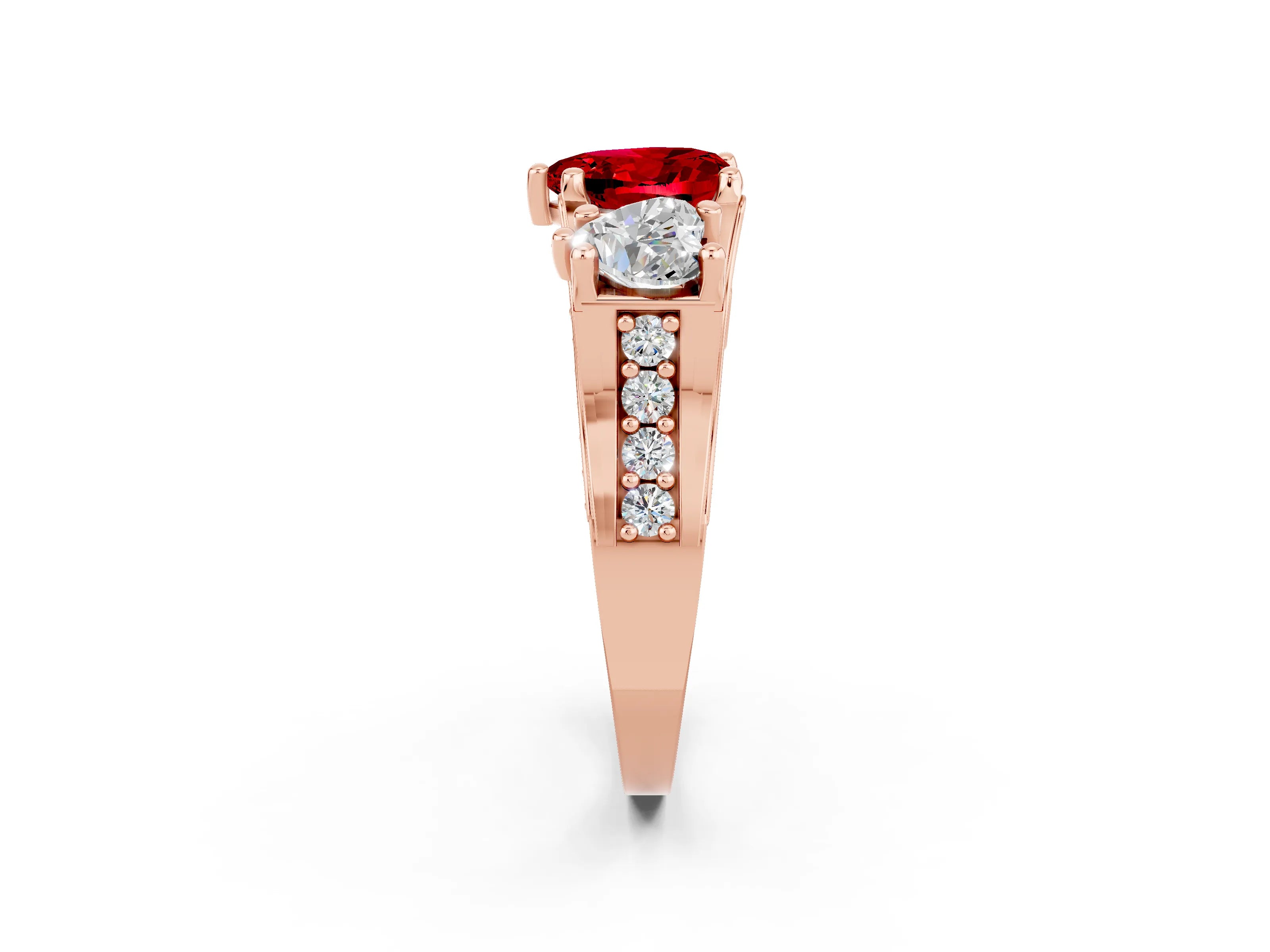 Rose gold Heart Cut Ruby Three-Stone Ring with Channel Set Band and Four-Prong Setting_2