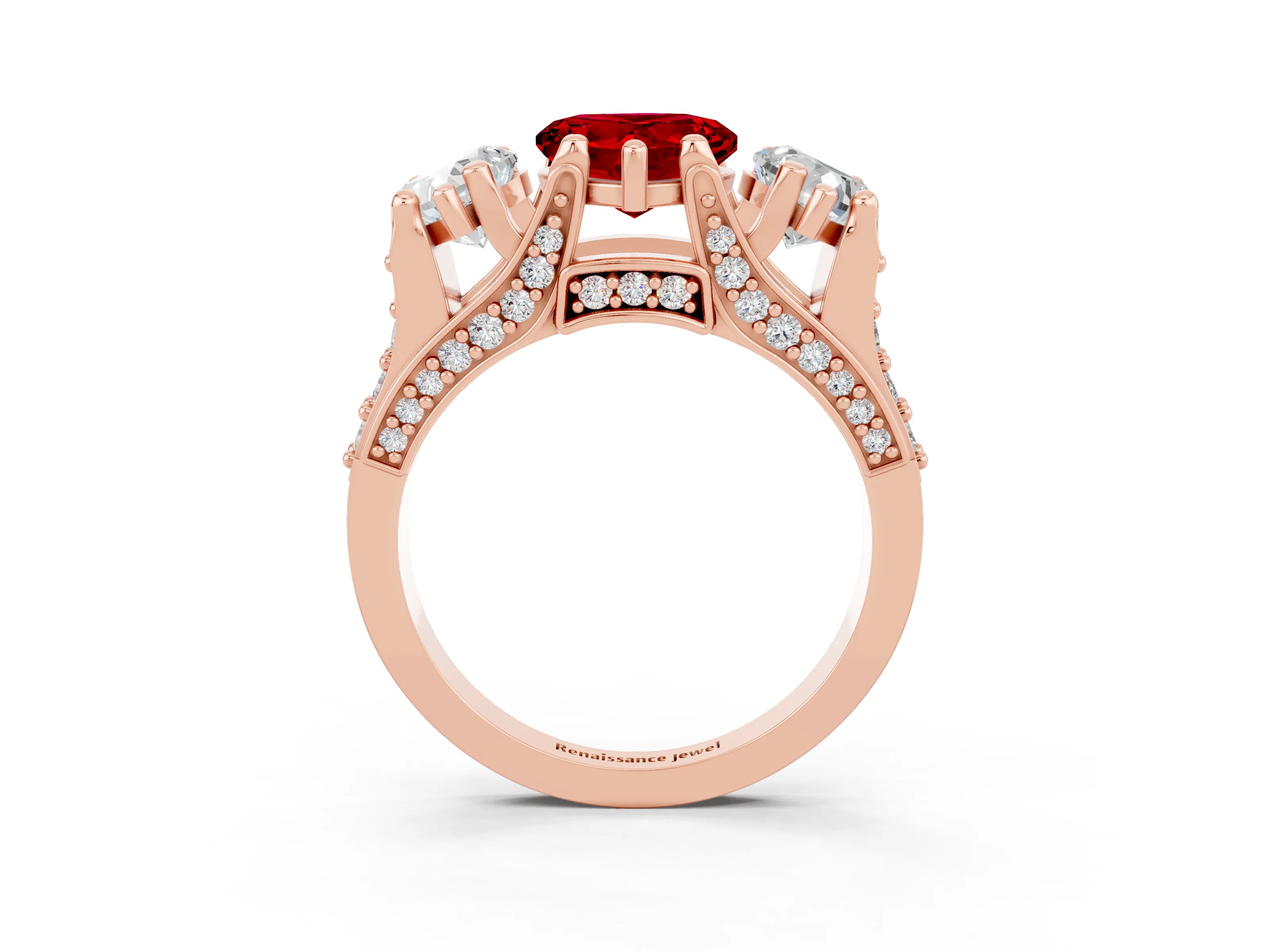 Rose gold Heart Cut Ruby Three-Stone Ring with Channel Set Band and Four-Prong Setting_3