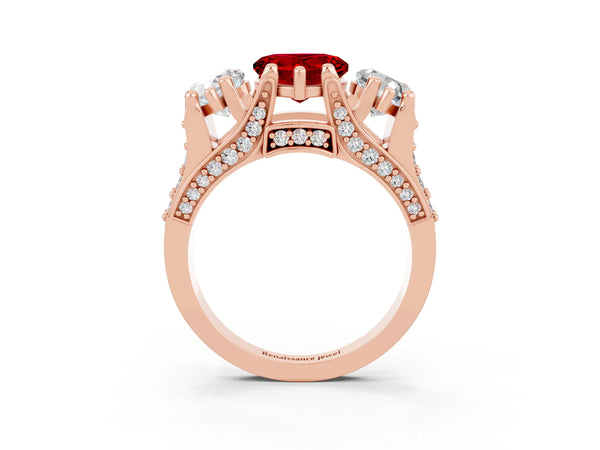 Rose gold Heart Cut Ruby Three-Stone Ring with Channel Set Band and Four-Prong Setting