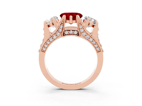 Rose gold Heart Cut Ruby Three-Stone Ring with Channel Set Band and Four-Prong Setting_3