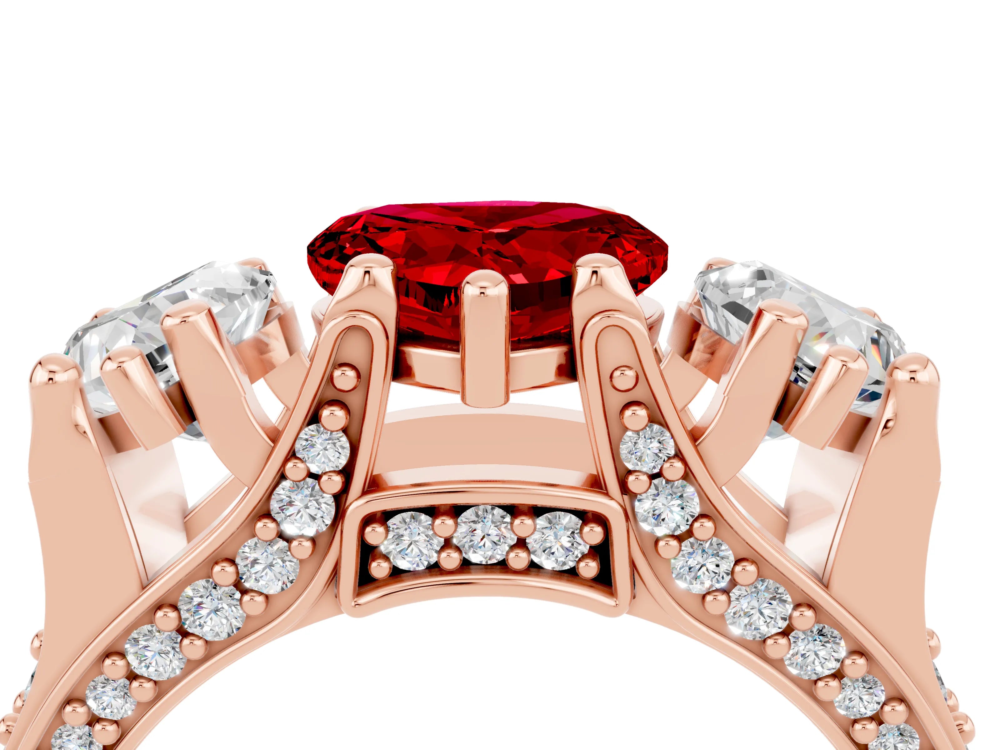 Rose gold Heart Cut Ruby Three-Stone Ring with Channel Set Band and Four-Prong Setting_4