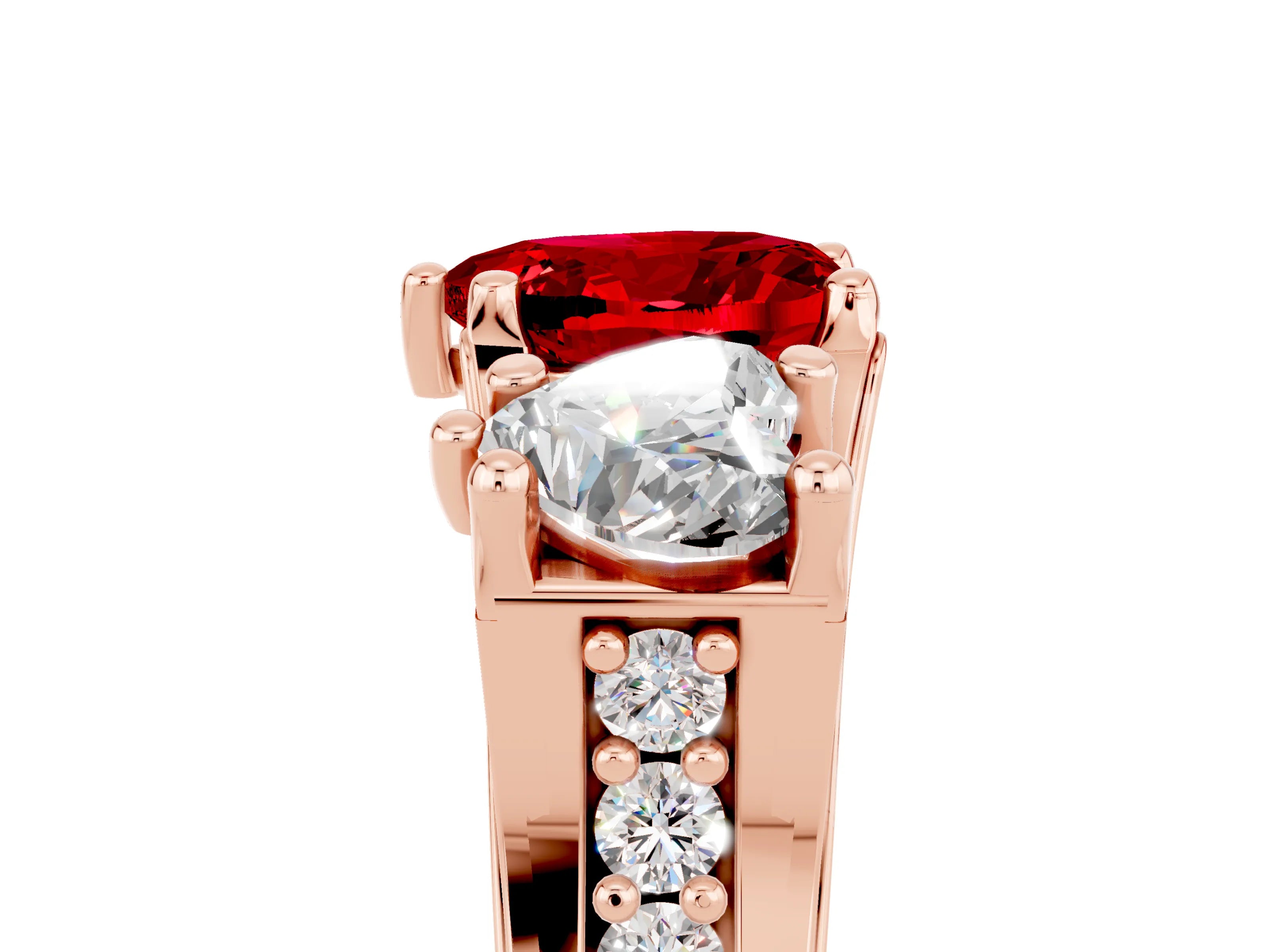 Rose gold Heart Cut Ruby Three-Stone Ring with Channel Set Band and Four-Prong Setting_5
