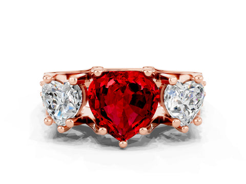 Rose gold Heart Cut Ruby Three-Stone Ring with Channel Set Band and Four-Prong Setting