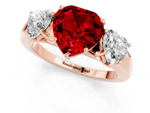 Rose gold Heart Cut Ruby Three-Stone Ring with Four-Prong Setting and Classic Band_1