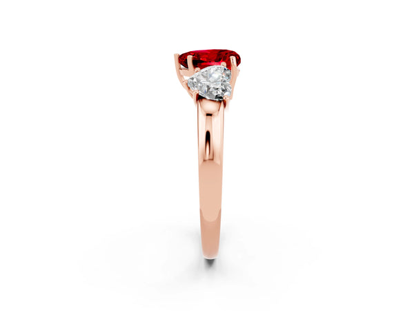 Rose gold Heart Cut Ruby Three-Stone Ring with Four-Prong Setting and Classic Band