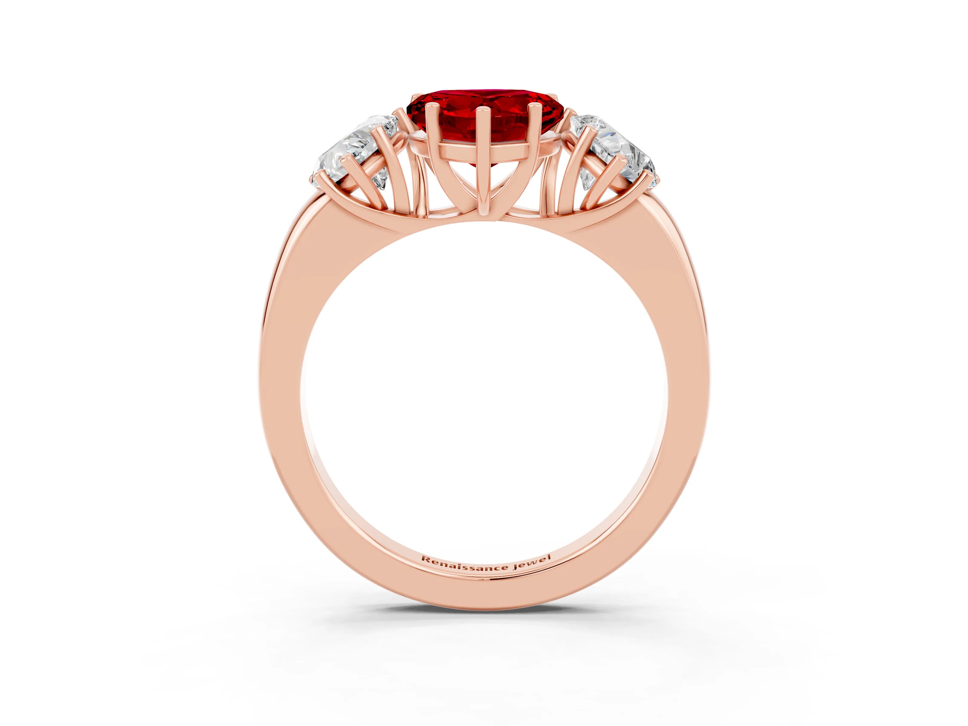 Rose gold Heart Cut Ruby Three-Stone Ring with Four-Prong Setting and Classic Band_3