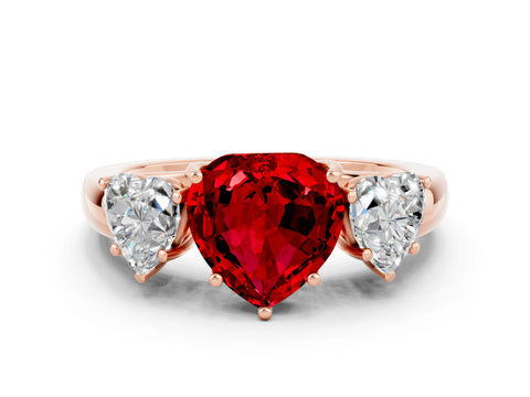 Rose gold Heart Cut Ruby Three-Stone Ring with Four-Prong Setting and Classic Band