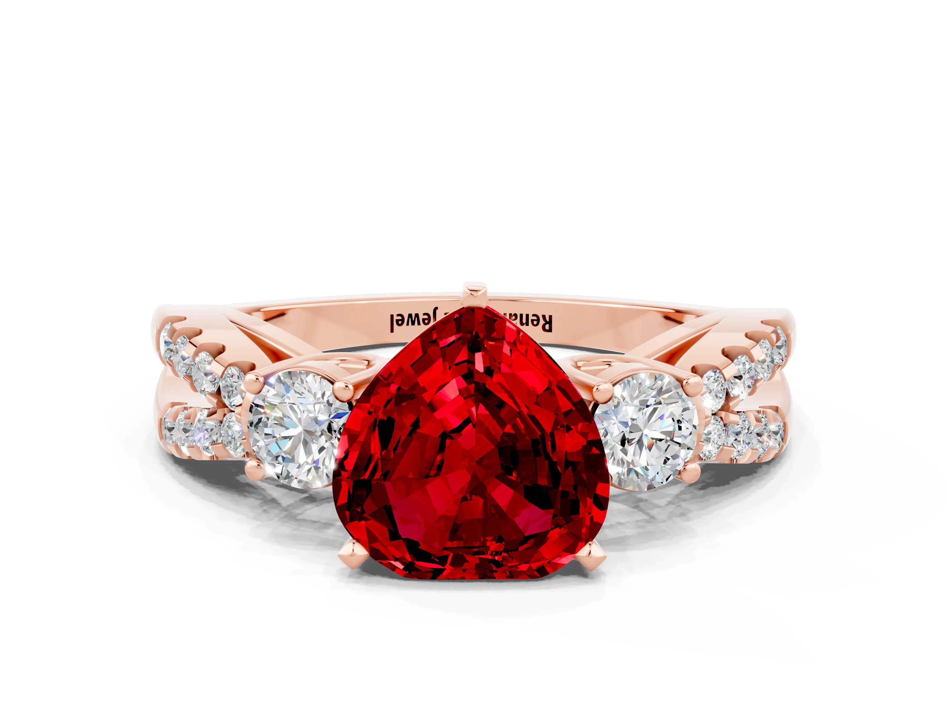 Rose gold Heart Cut Ruby Three-Stone Ring with Pavé Split Shank and Four-Prong Setting
